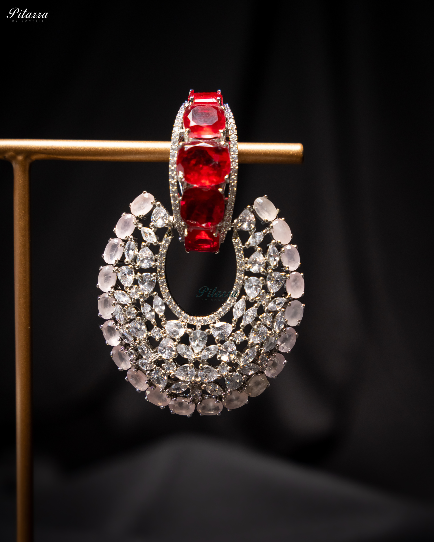 Red Stone White and pink Layer Cubic Zirconia Dangler Earrings