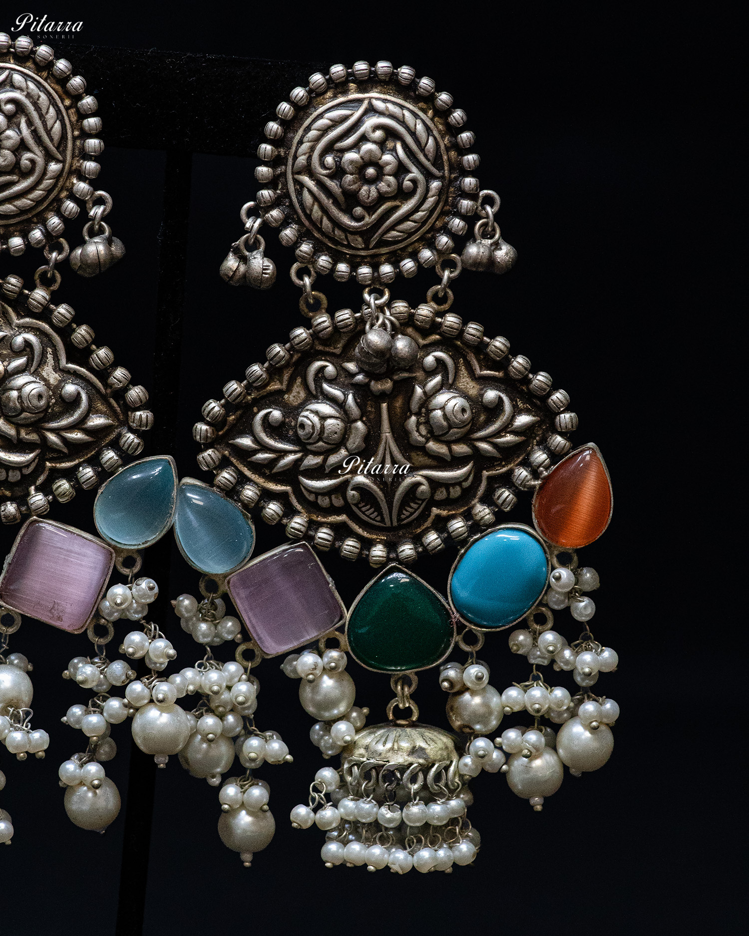 Drak Green Drop Stone Silver Look Alike Dangler Earrings
