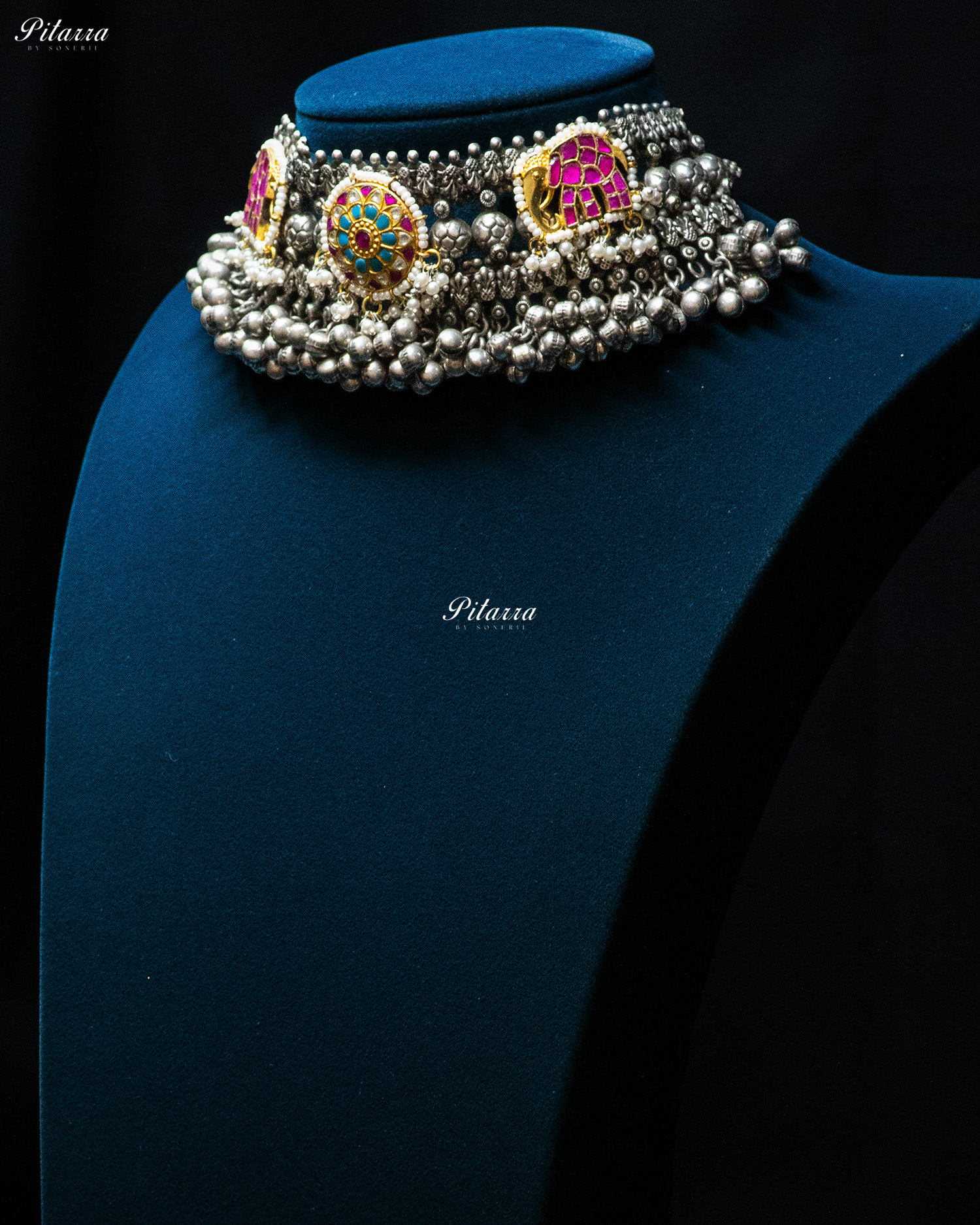 Turquoise Flora Pink Elephant Fish Ghunghroo Silver Look Alike Choker Set