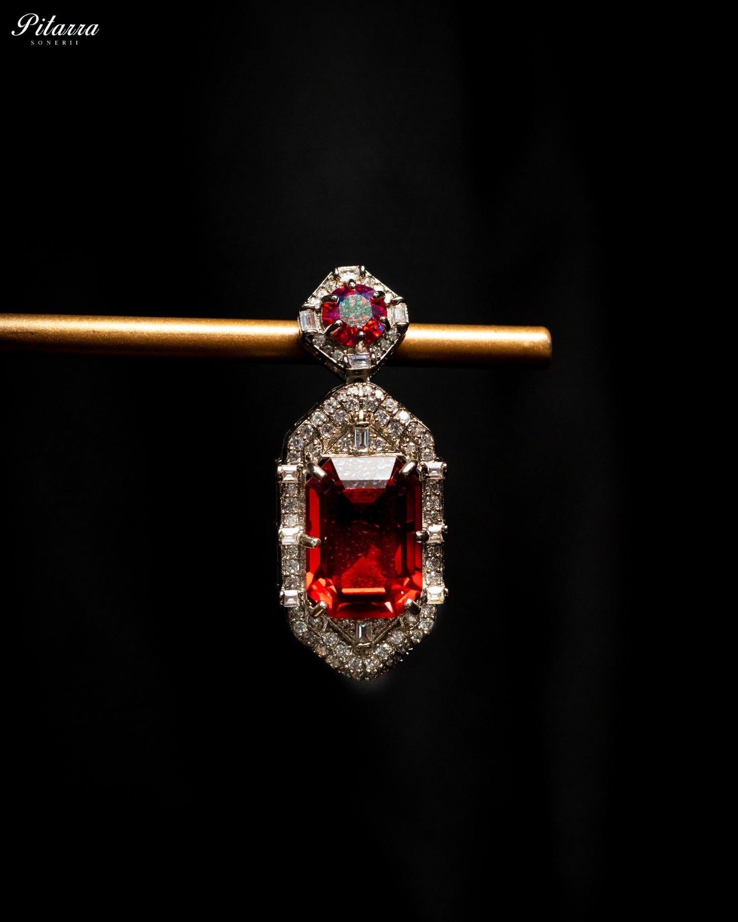 Red Emerald Cut Diamond Halo Statement Drop Earrings
