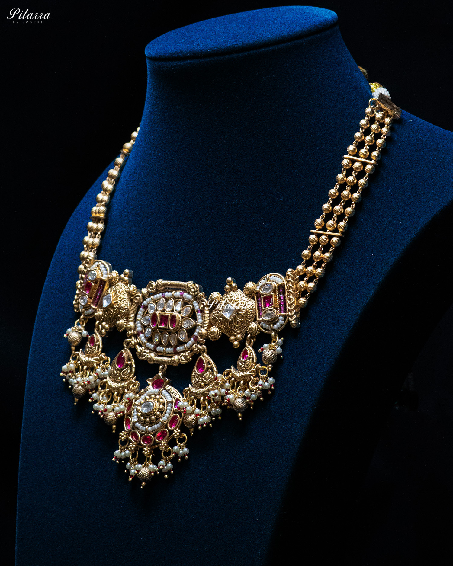 Pink Stone Gold Finish Two Layer Kundan Necklace Set