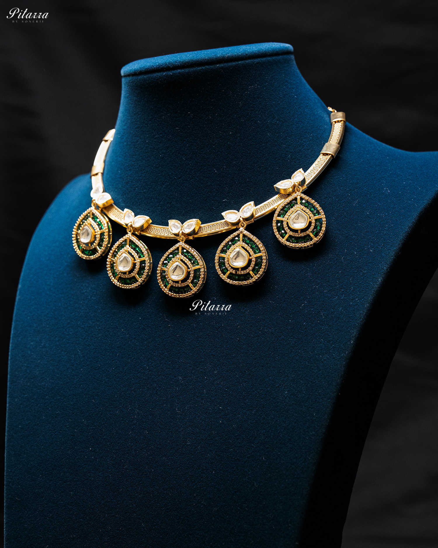 Emerald Crystals Teardrop Gold Plated Kundan Necklace Set
