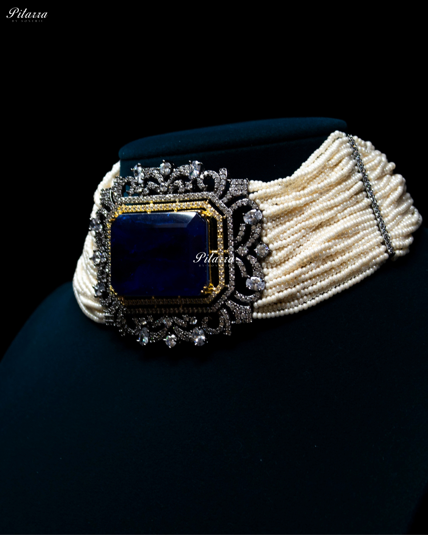 Navy Blue Stone Doublet Pearl Choker Set