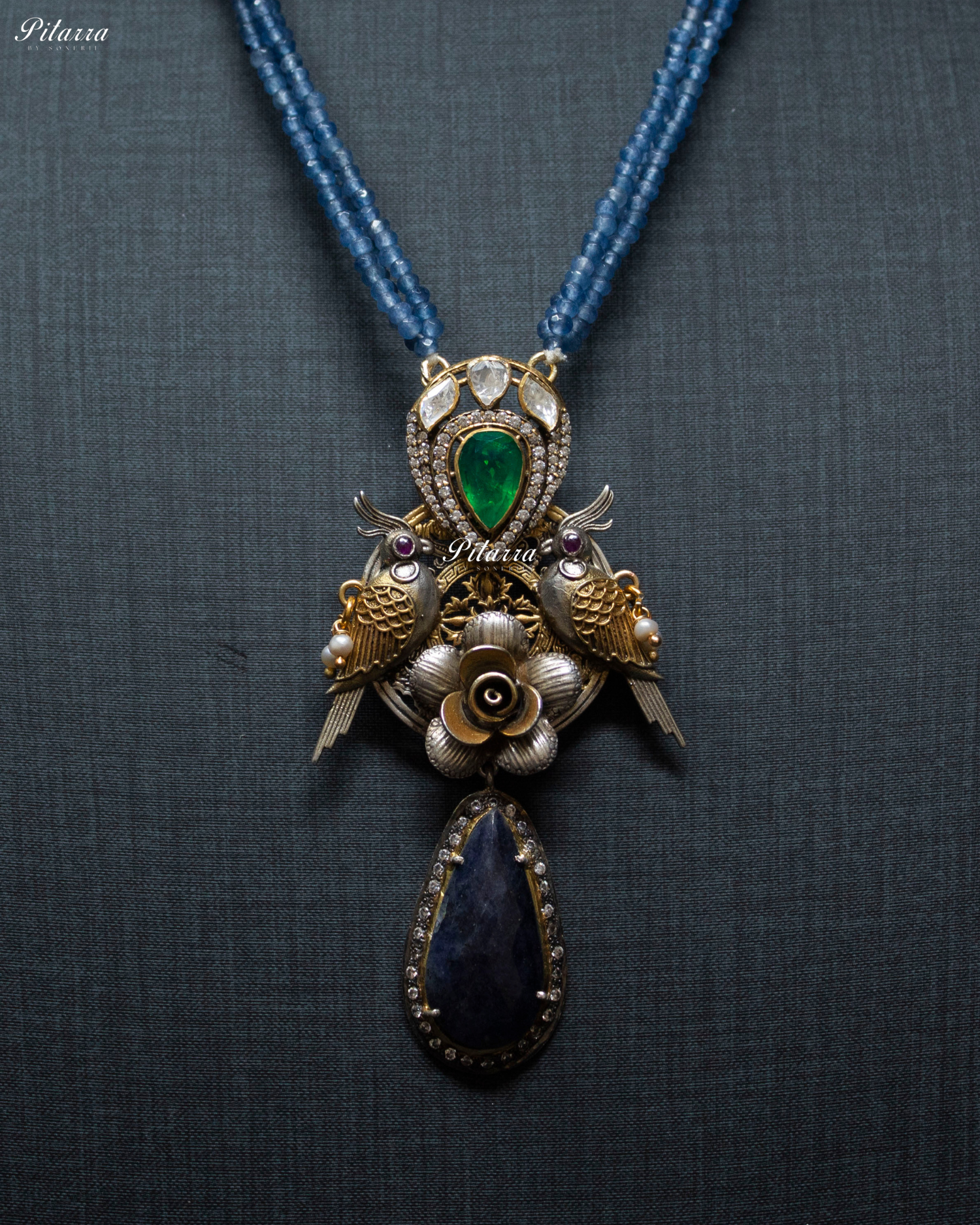 Silver Bird Motifs Blue Beads 92.5 Silver Necklace