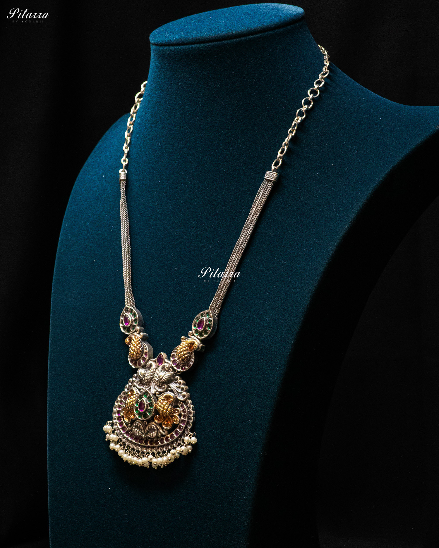 Peacock Carved Pink Stone Pink Layer Stone Silver Look Alike Pendant Set