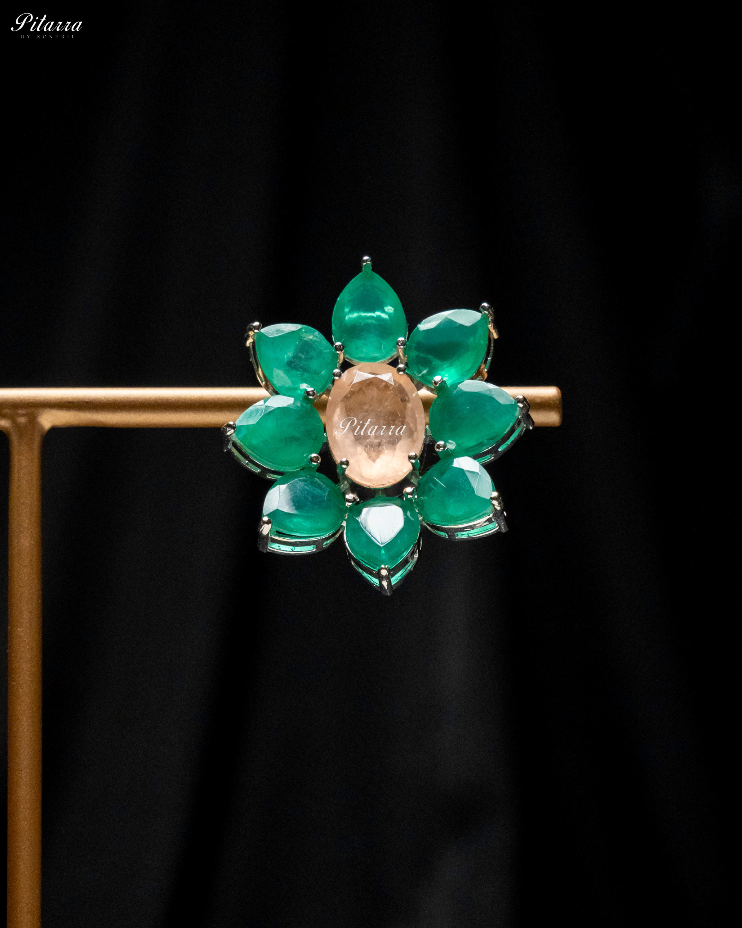 Peach Floral Green Petals CZ Doublet Stud Earrings