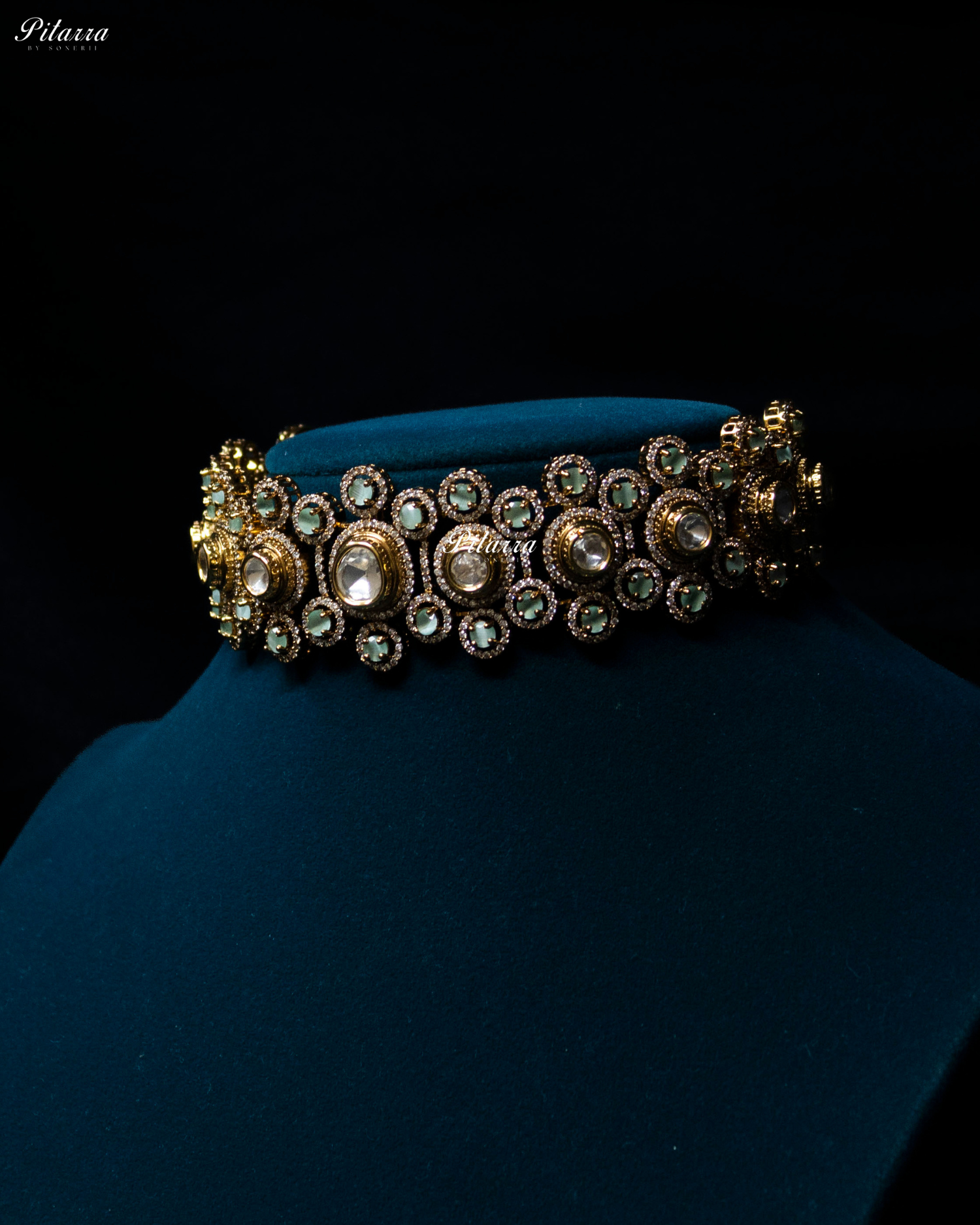 Mint Stone Gold Finish Moissanite Kundan Choker Set