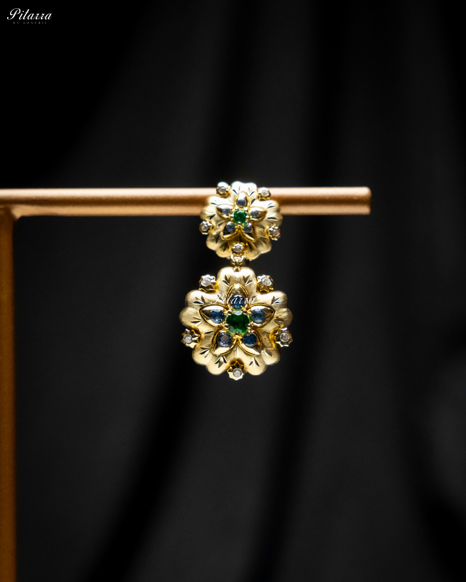 Gold Floral Green Stone 92.5 Silver Dangler Earrings