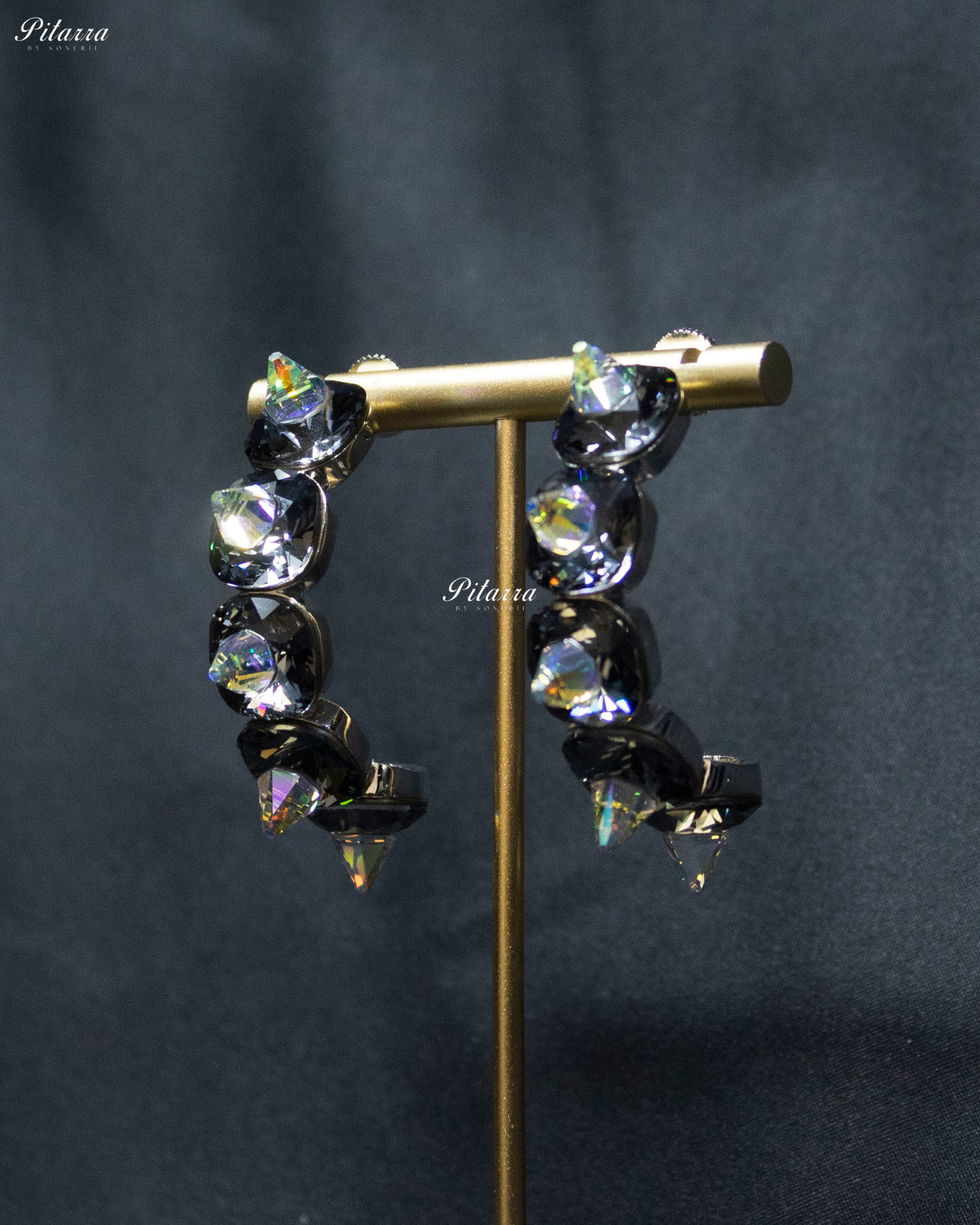 Black Stone Pyramid Cut Crystal Hoop Earrings