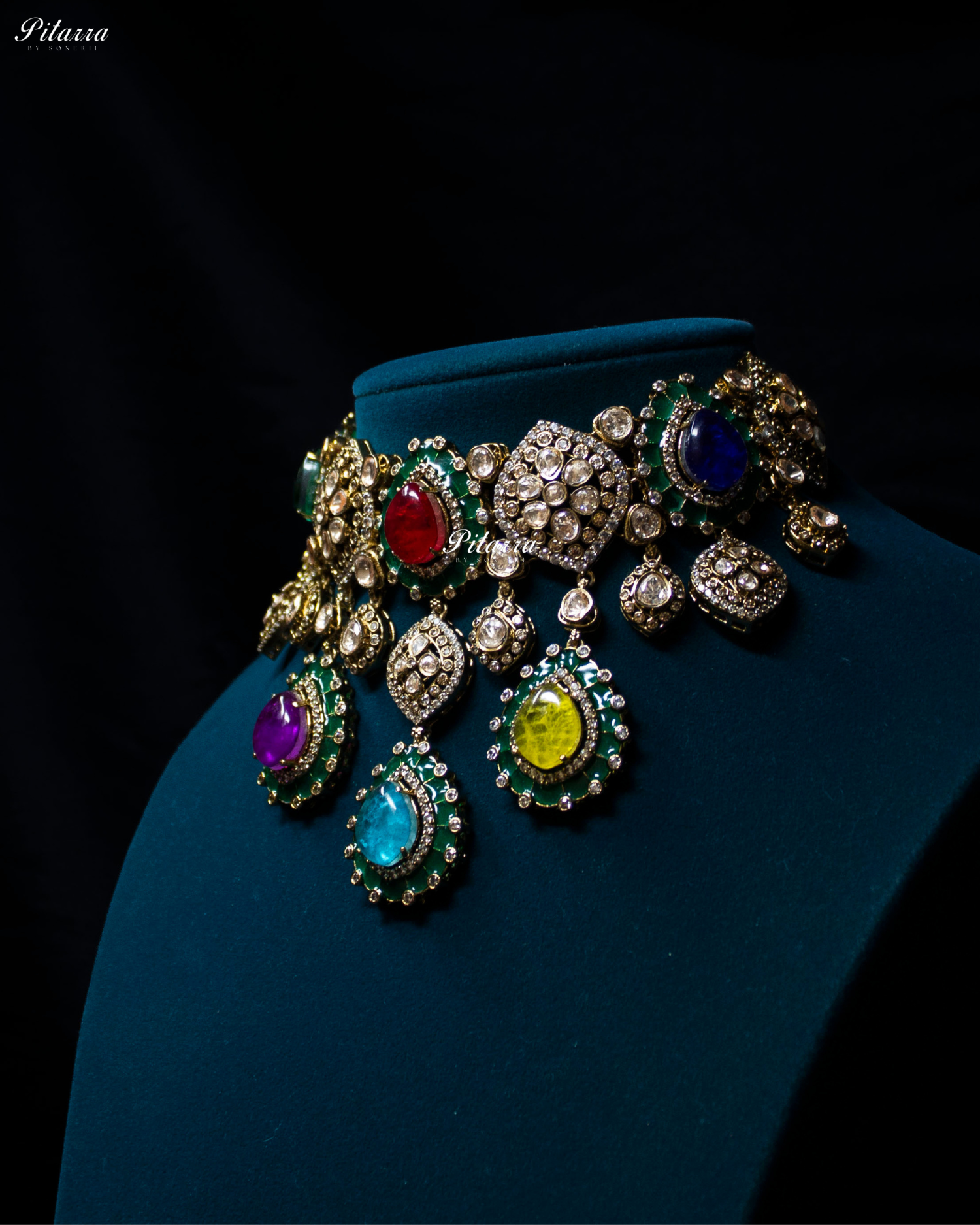 Multi Stone Handcrafted Emerald Finish Kundan Choker Set