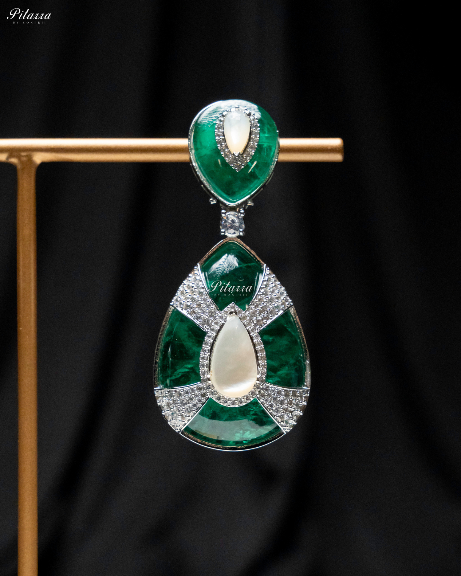 Emerald Stone White Drop Silver Line Crystal Dangler Earrings