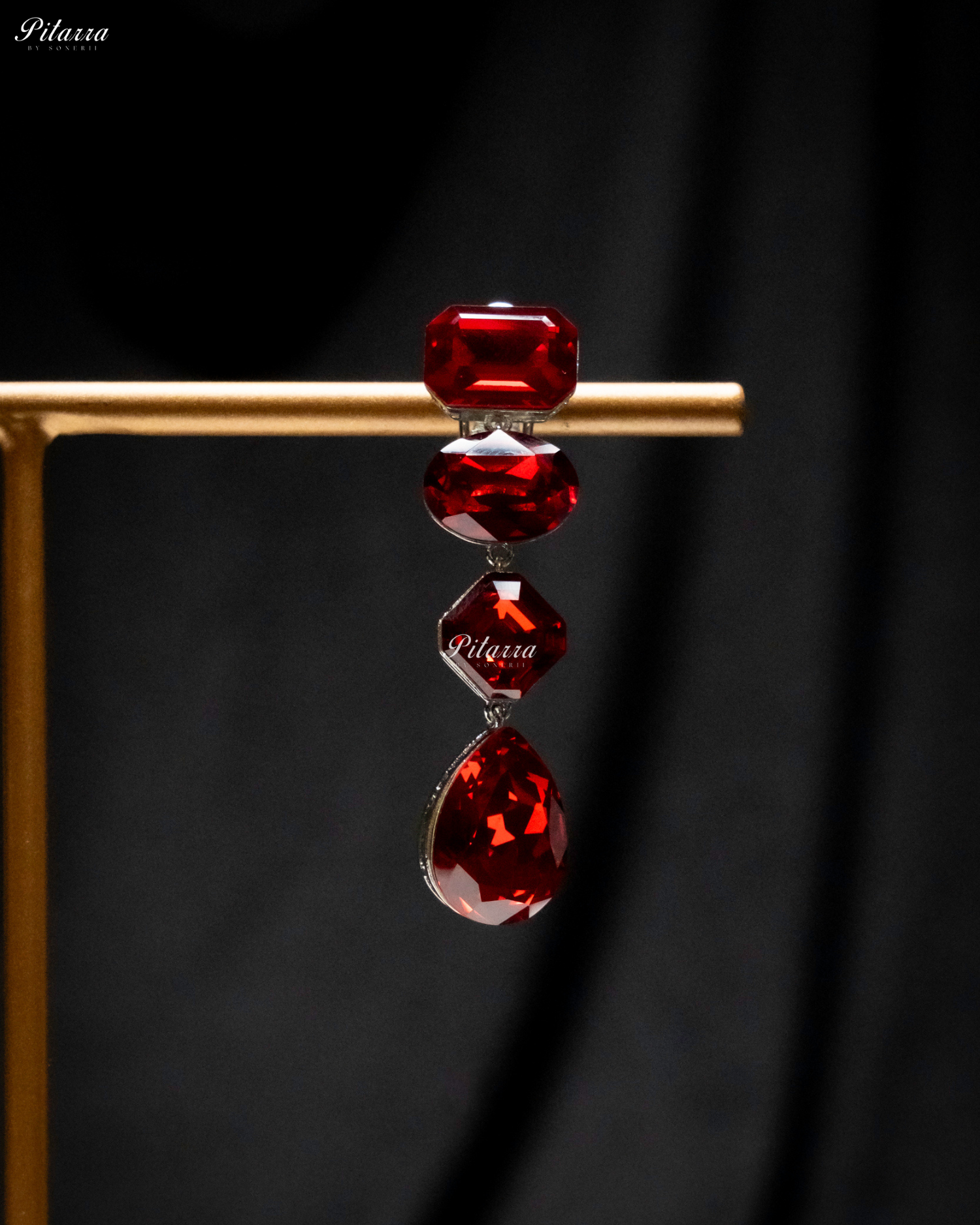 Red Stone Studded Geometric Crystal Drop Earrings