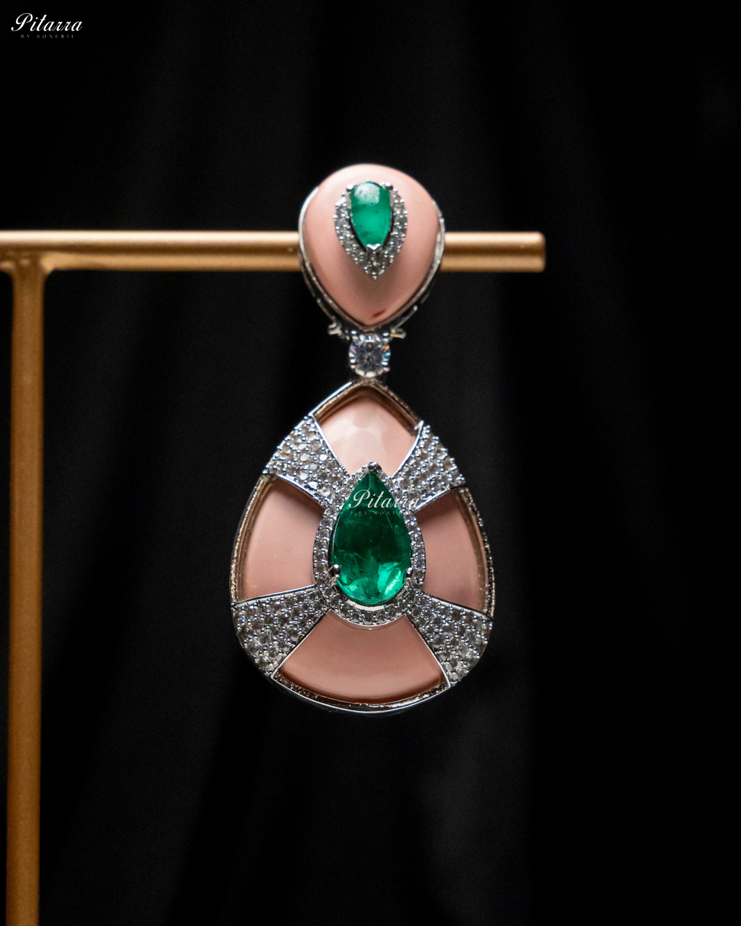 Peach Stone Emerald Drop Silver Line Crystal Dangler Earrings