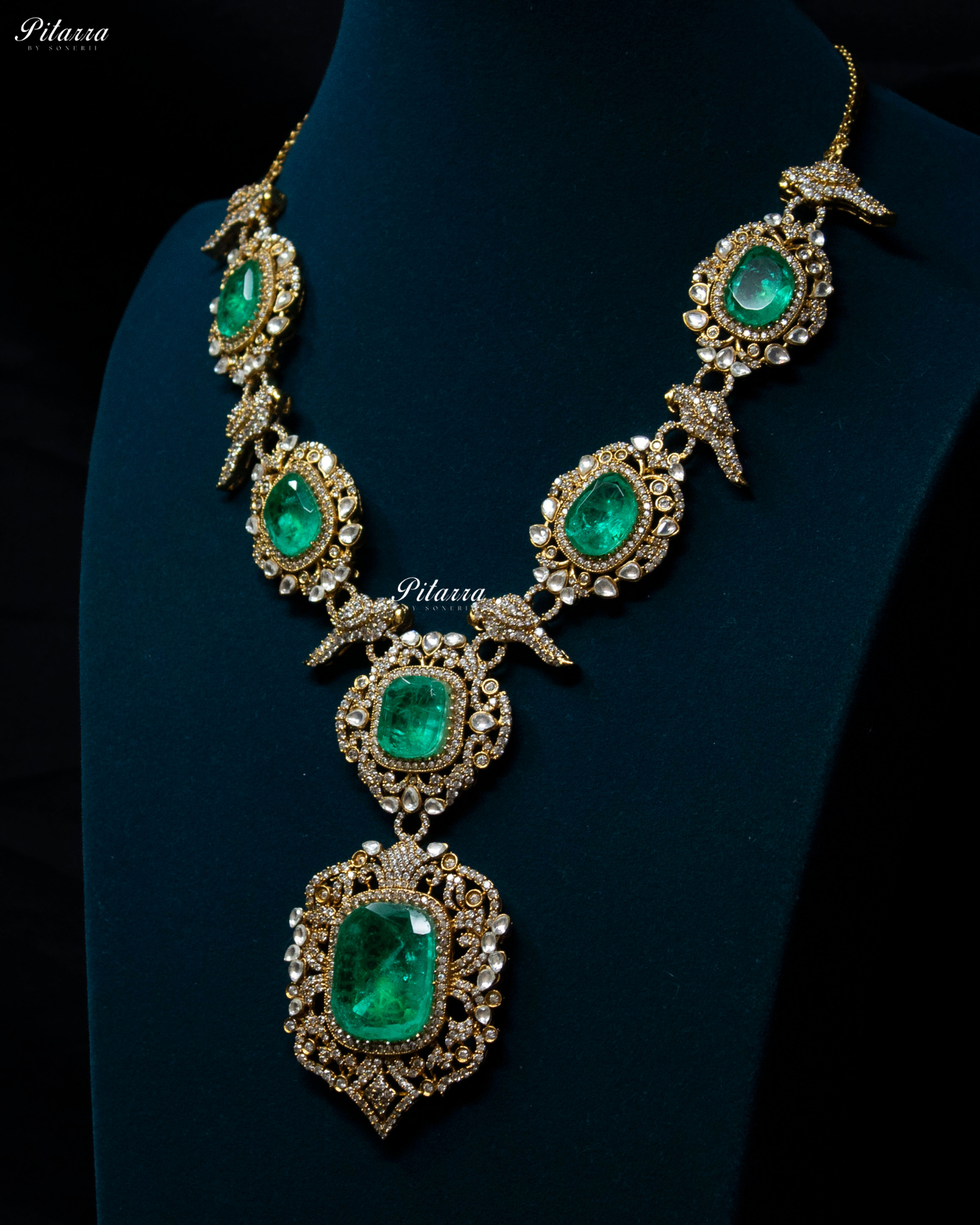 Emerald Stone Bird Victorian Polki Necklace Set
