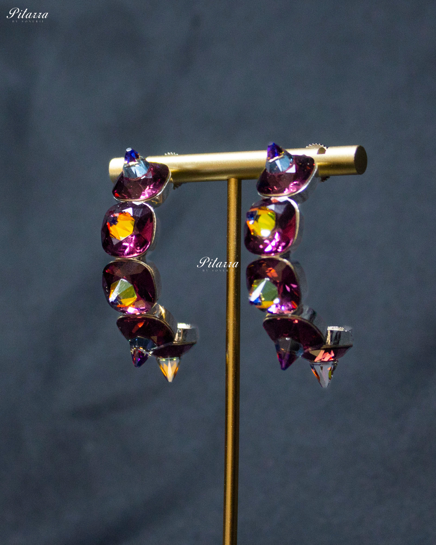 Wine Red Stone Pyramid Cut Crystal Hoop Earrings