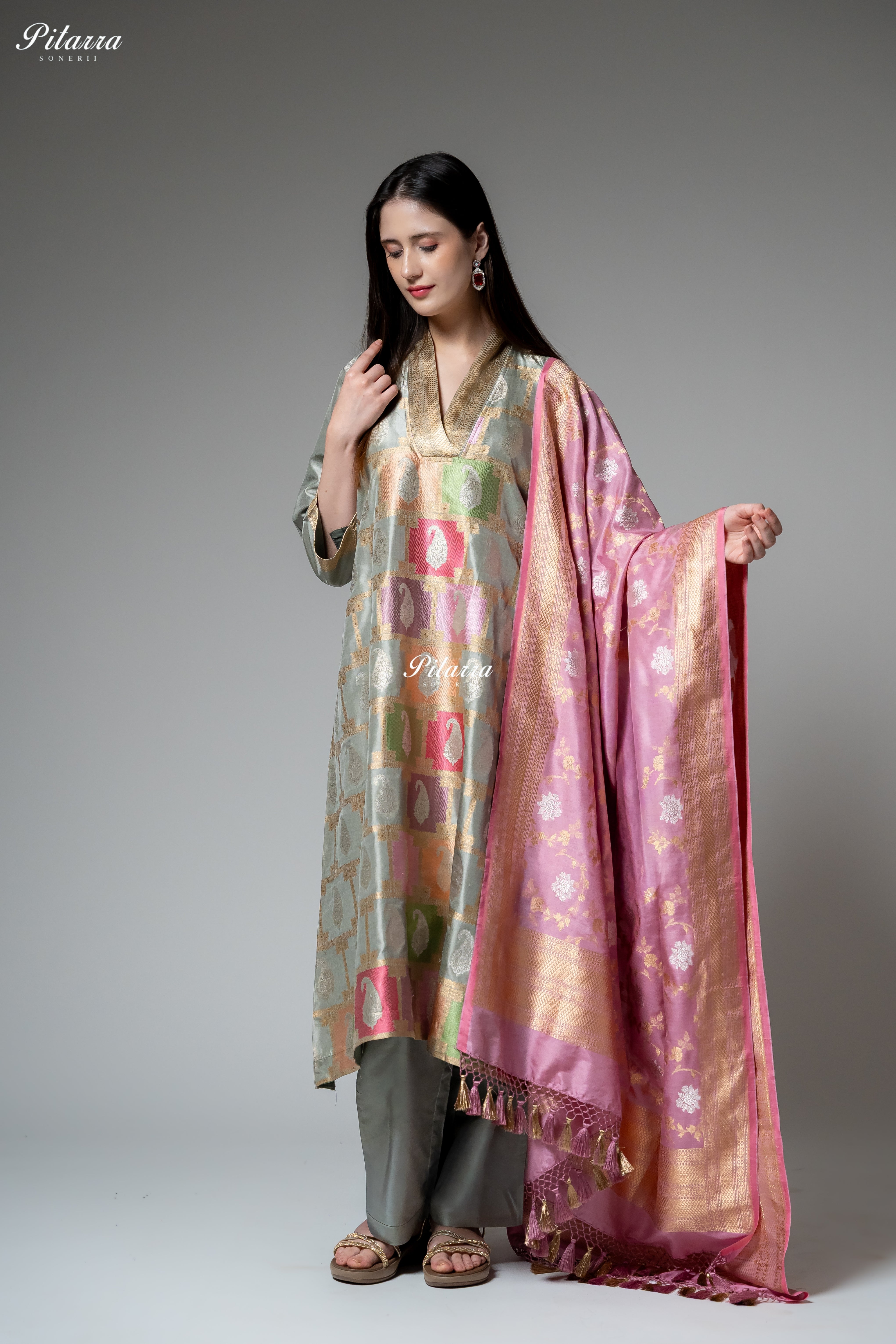 Sage Green Multicolour Zari Paisley Kurta Set with Dupatta