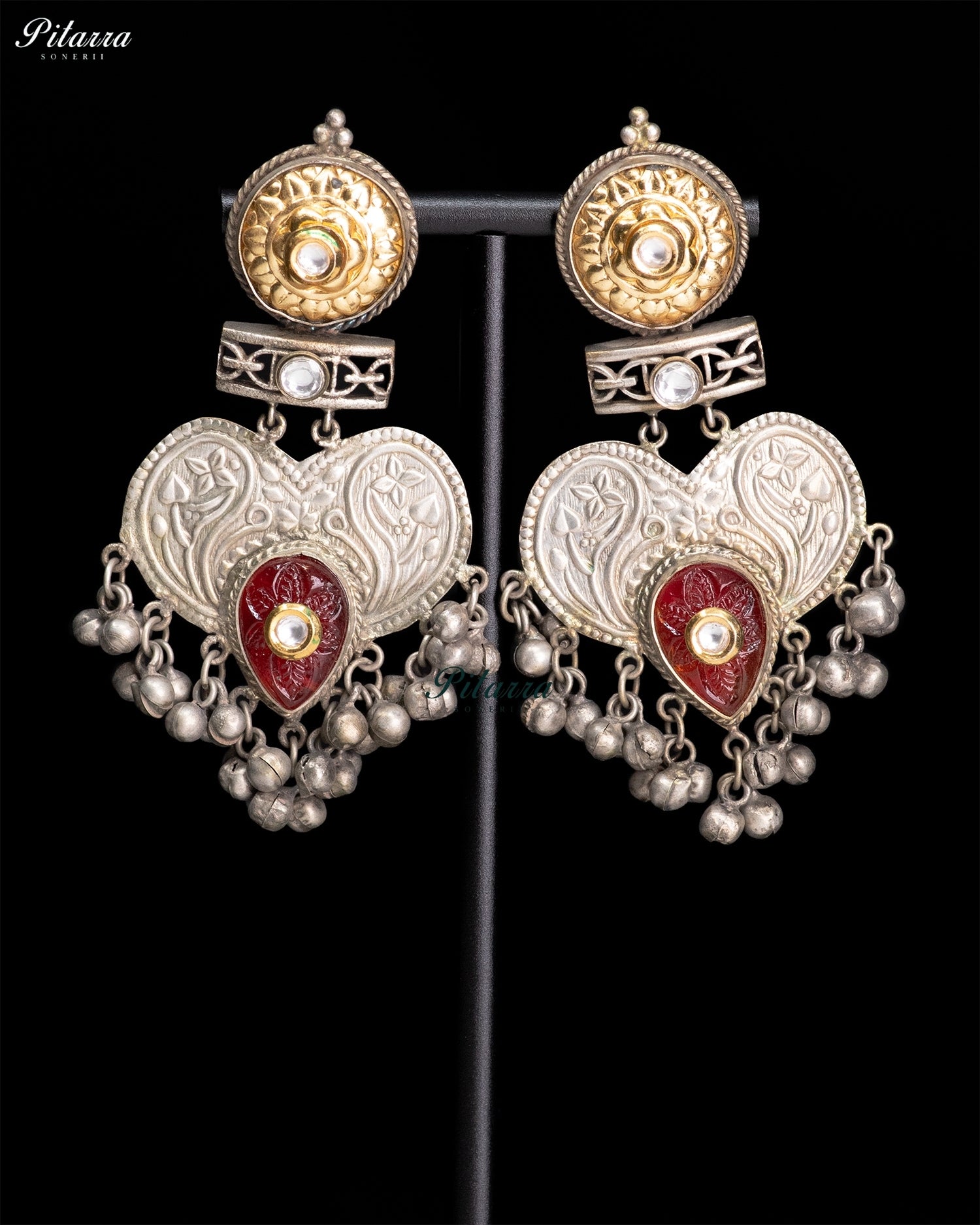 Red Stone Silver Look-Alike Heart Motif Statement Earrings