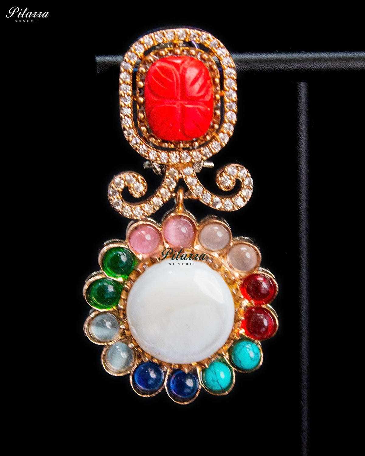 Red Multicolor Kundan Style Gold Tone Traditional Dangler Earrings