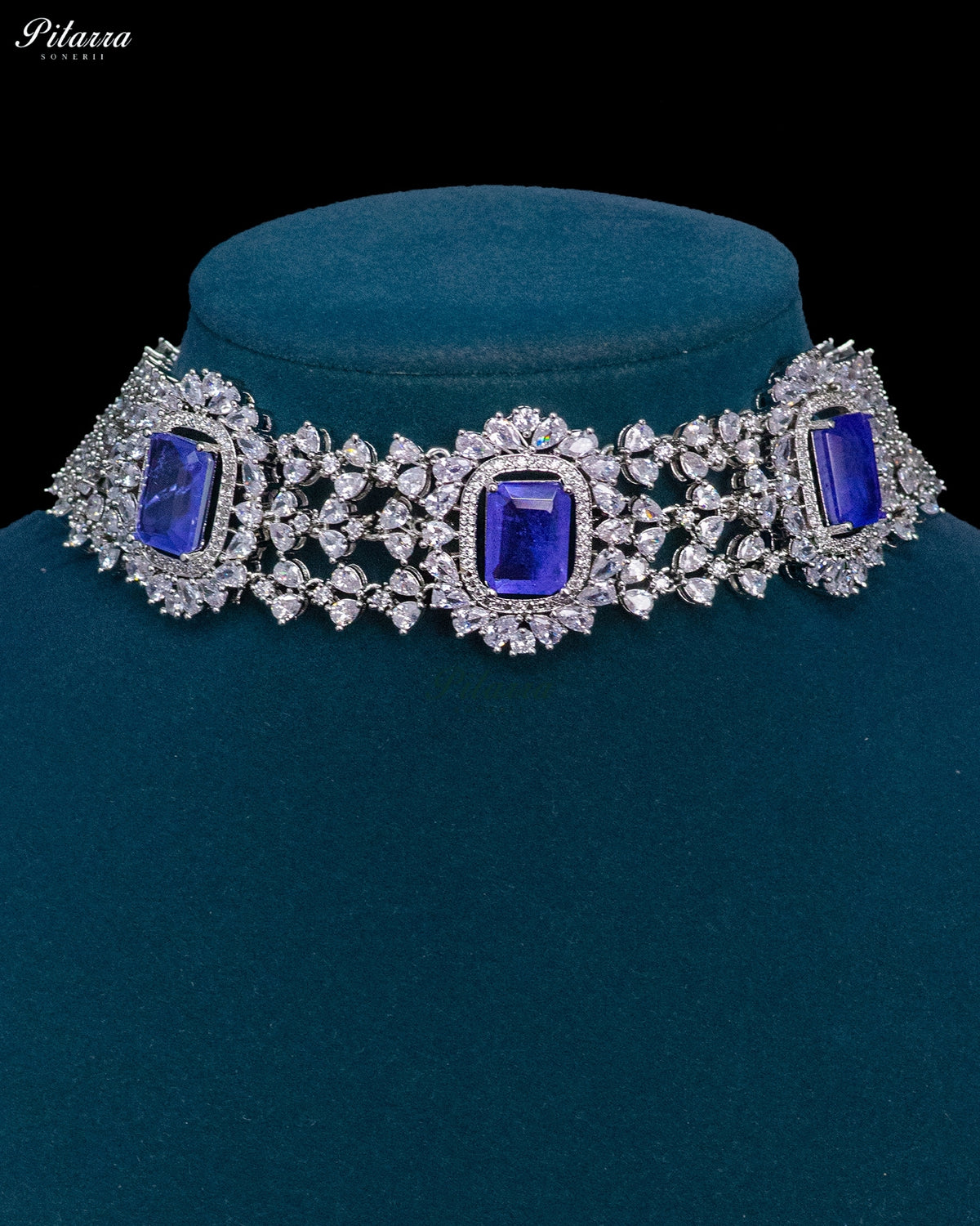 Royal Blue Stone Rectangular Zircon Silver Crystal Choker Necklace Set