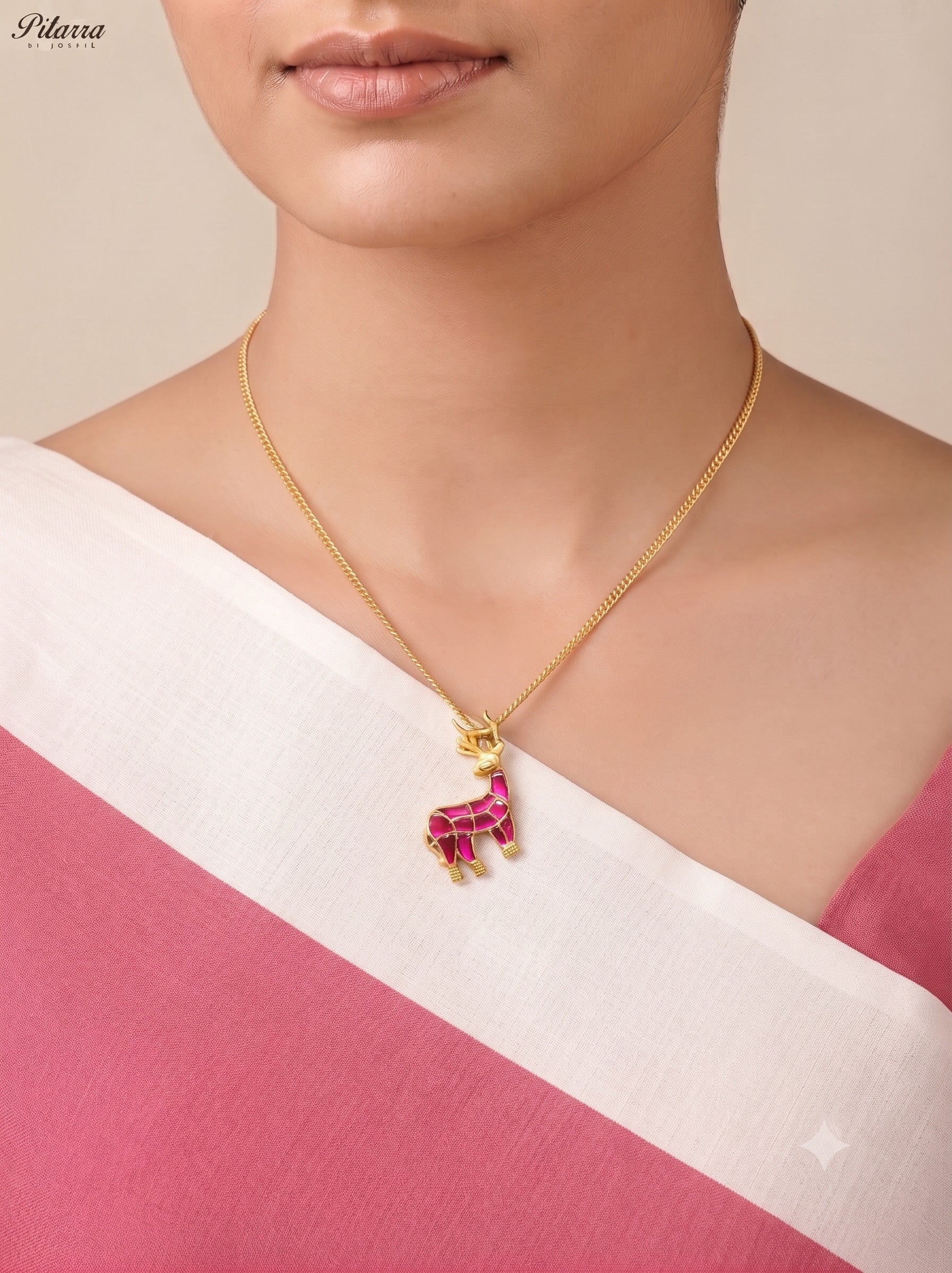 Pink Hiran Chain Kundan Pendant Necklace