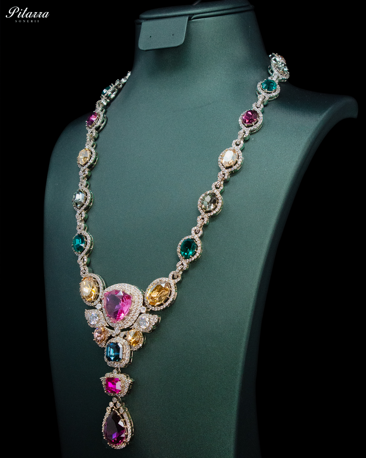 Pink and Blue Crystal Necklace Set with Pink Drop Earrings