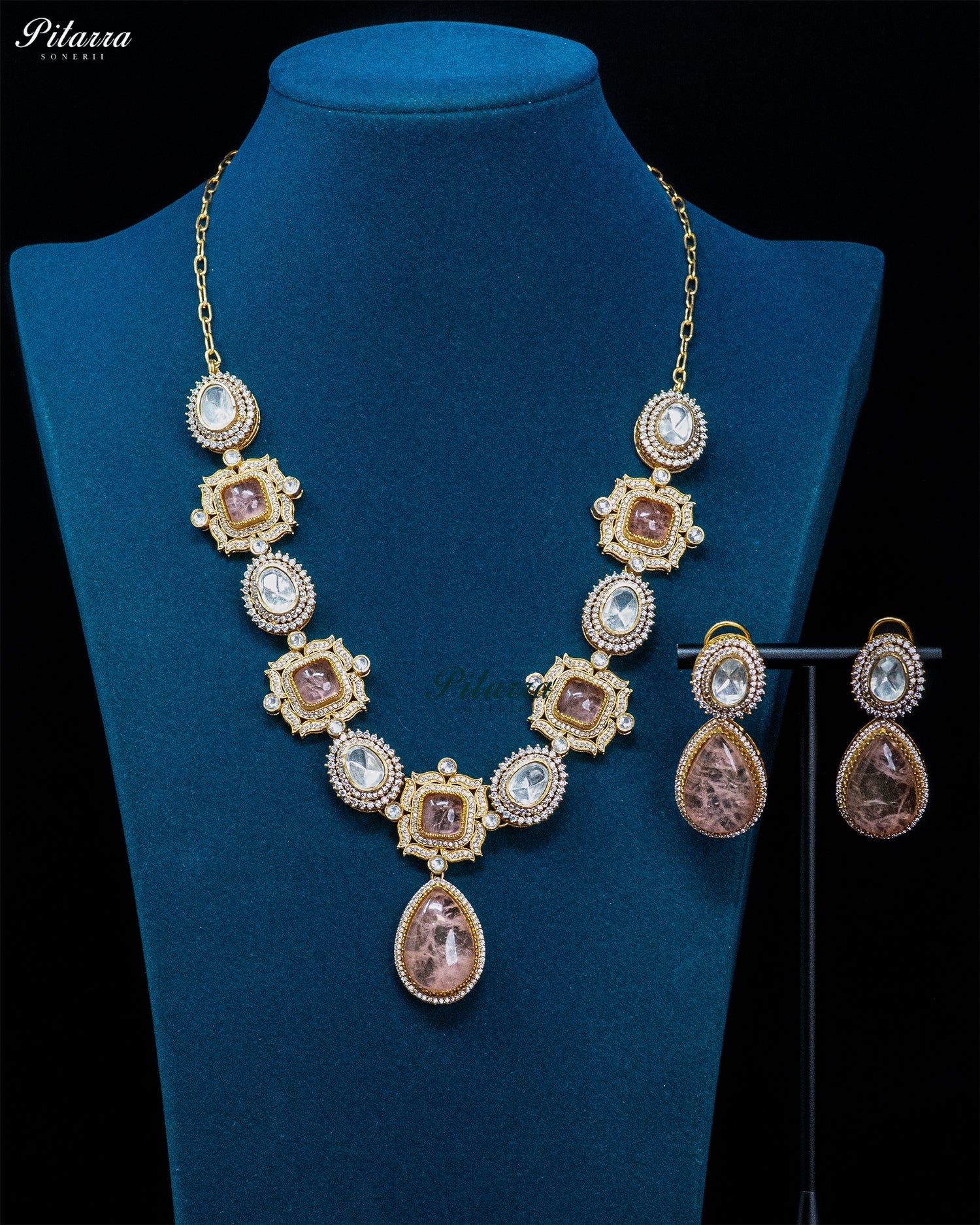Peach Square and Teardrop Kundan Necklace Set