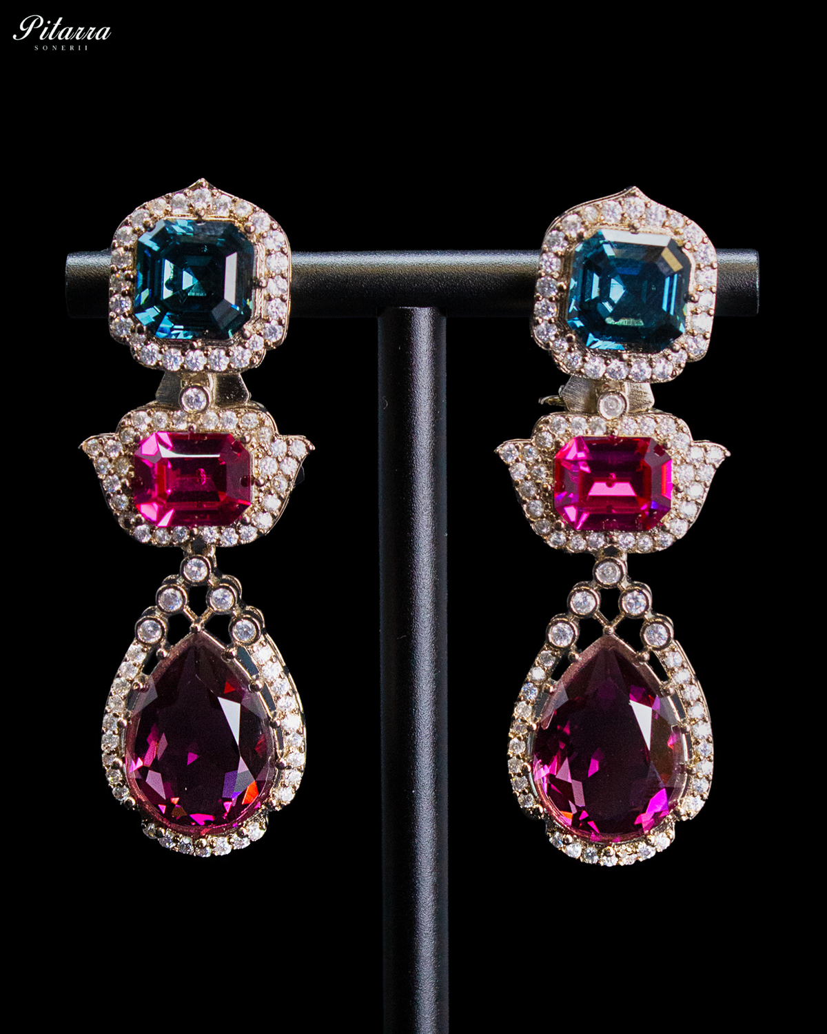 Pink and Blue Crystal Necklace Set with Pink Drop Earrings