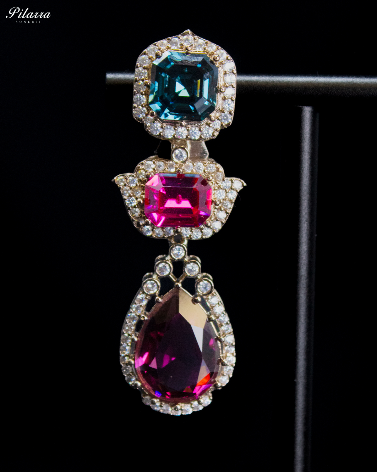 Pink and Blue Crystal Necklace Set with Pink Drop Earrings