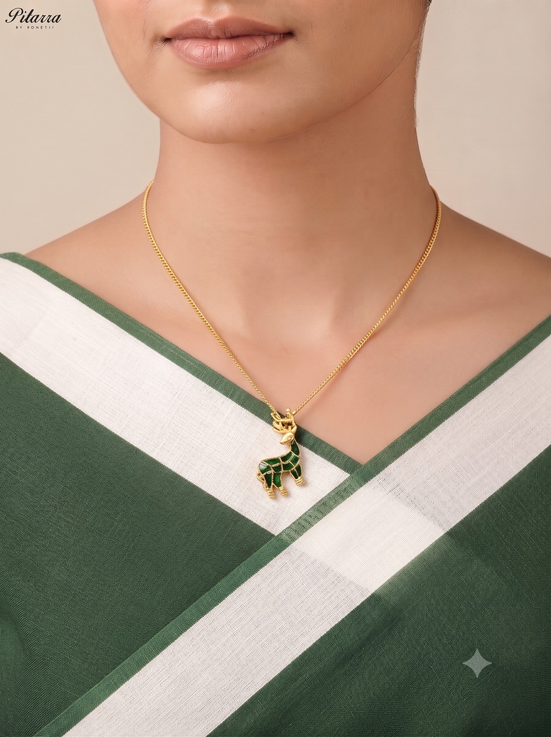 Green Hiran Chain Kundan Pendant Necklace