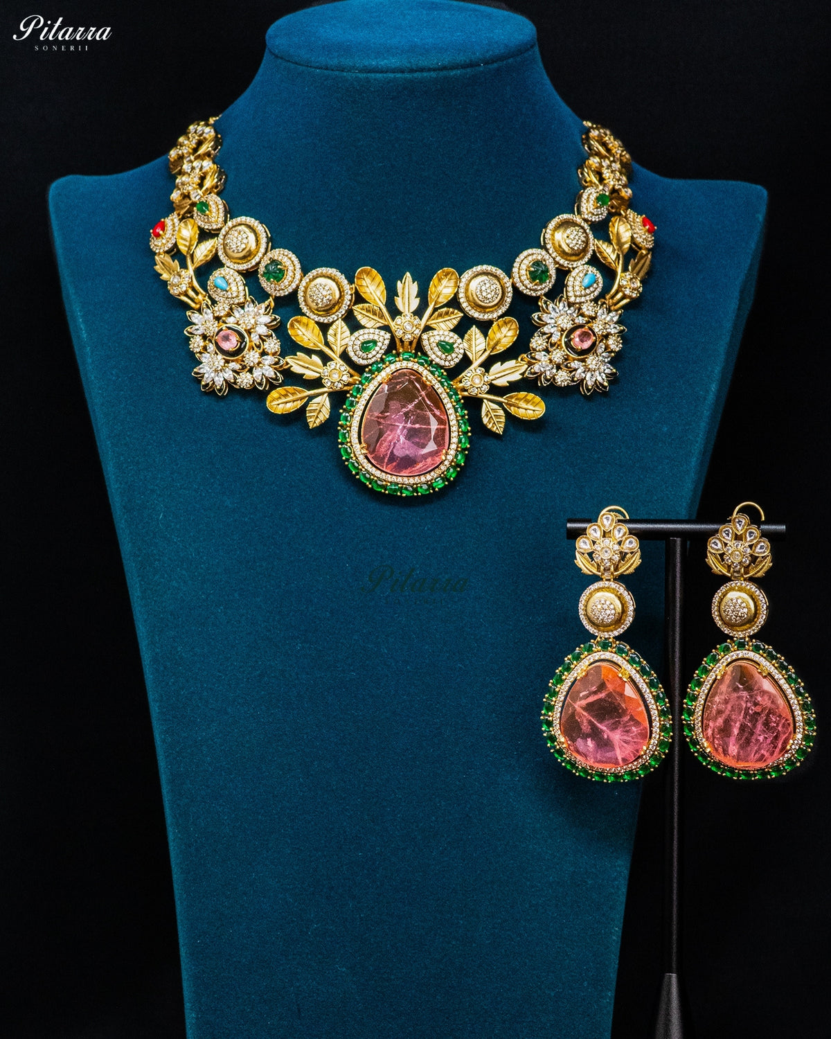 Pink Teardrop Floral Kundan Necklace Set