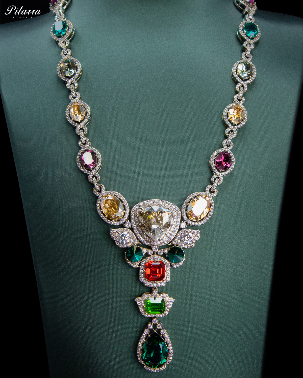 Green and Red Crystal Necklace Set with Green Drop Earrings