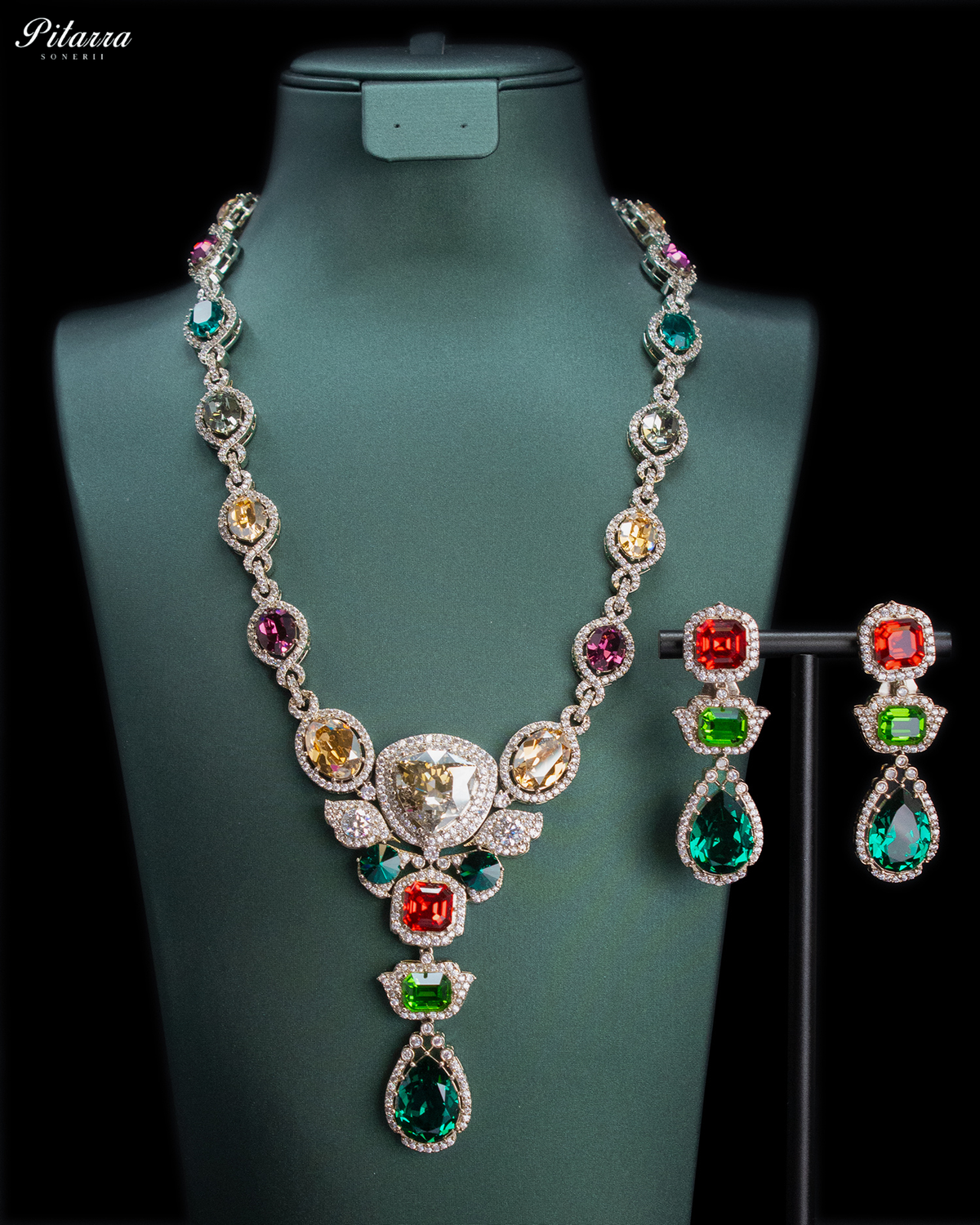 Green and Red Crystal Necklace Set with Green Drop Earrings