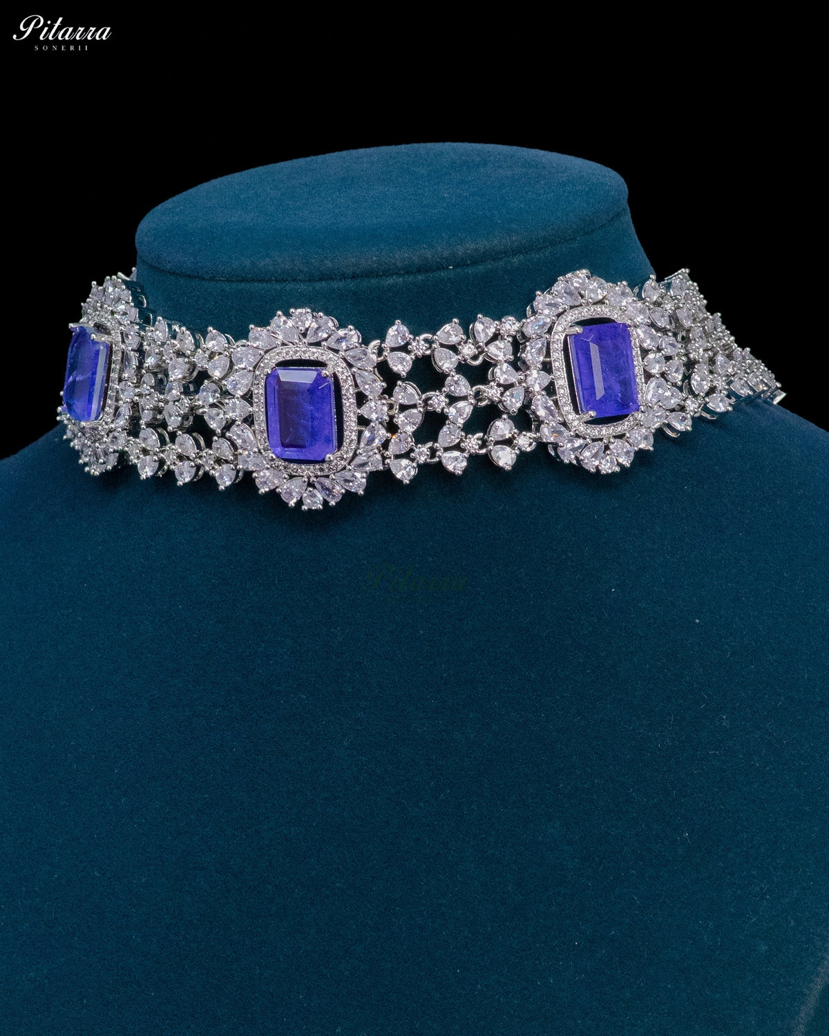 Royal Blue Stone Rectangular Zircon Silver Crystal Choker Necklace Set