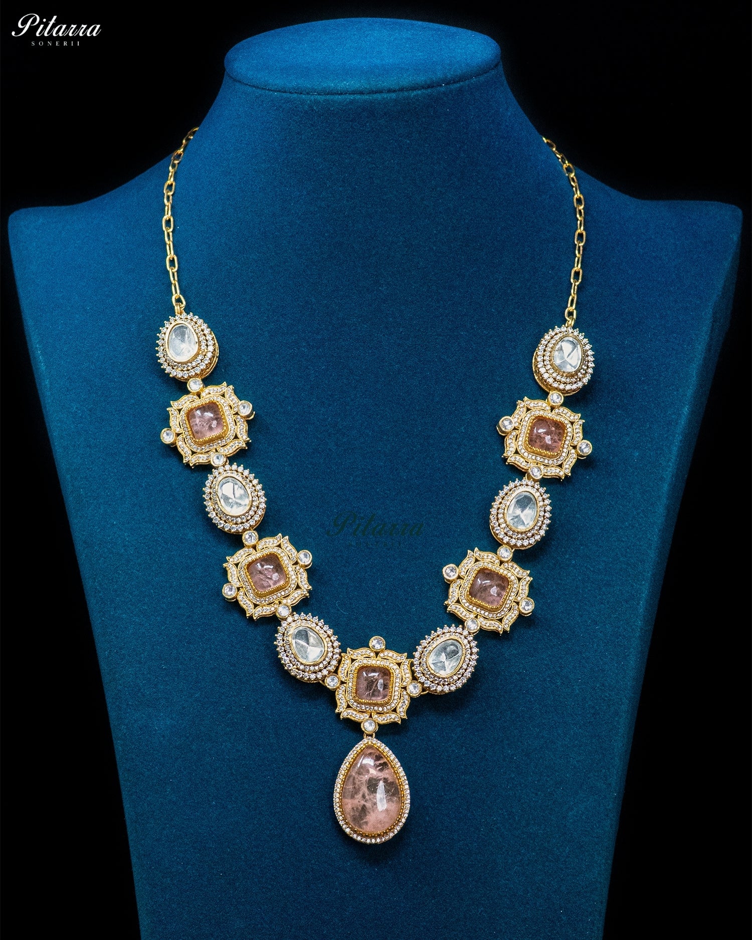 Peach Square and Teardrop Kundan Necklace Set
