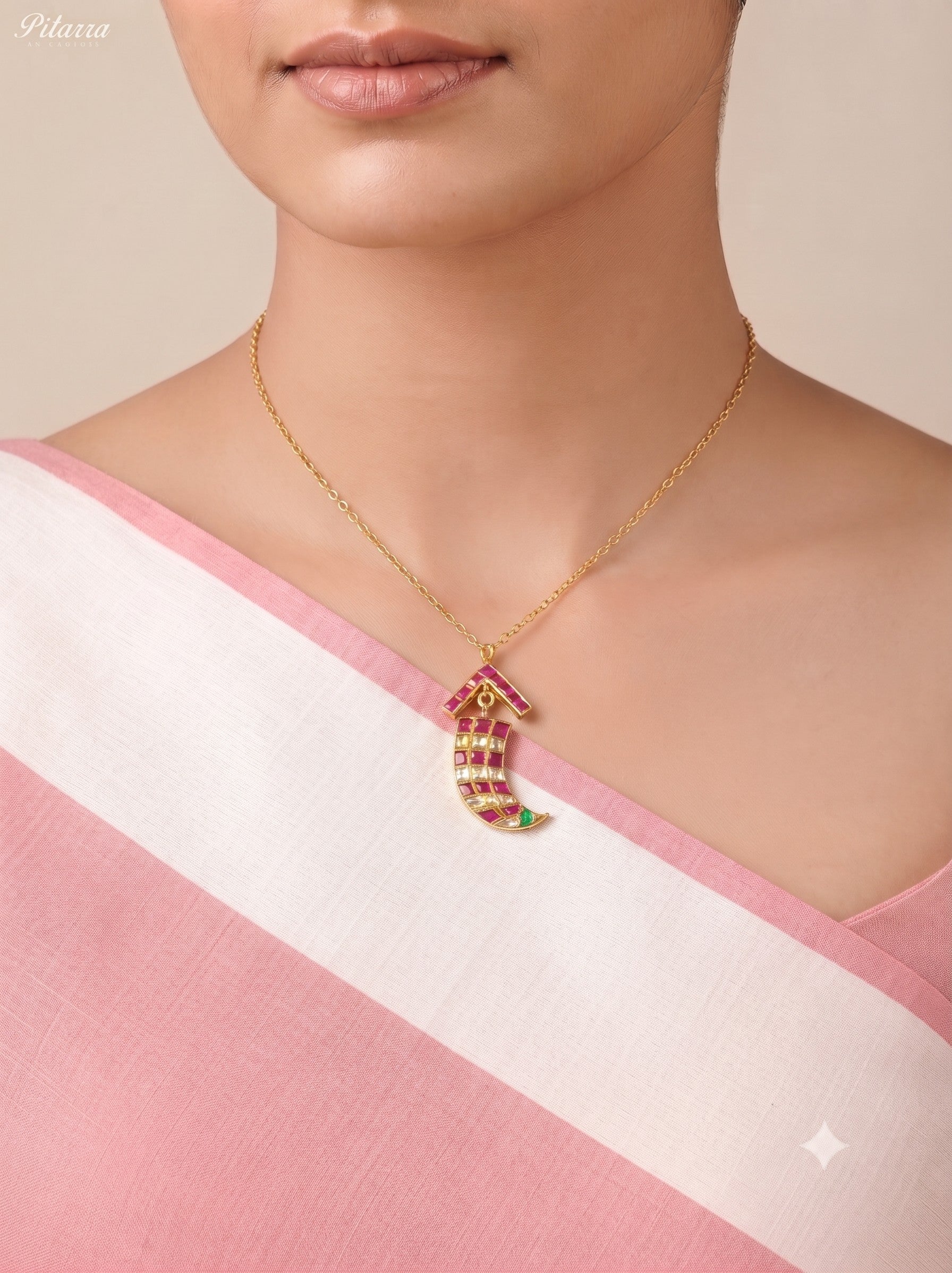 Classic Pink Dagger Chain Kundan Pendant Necklace