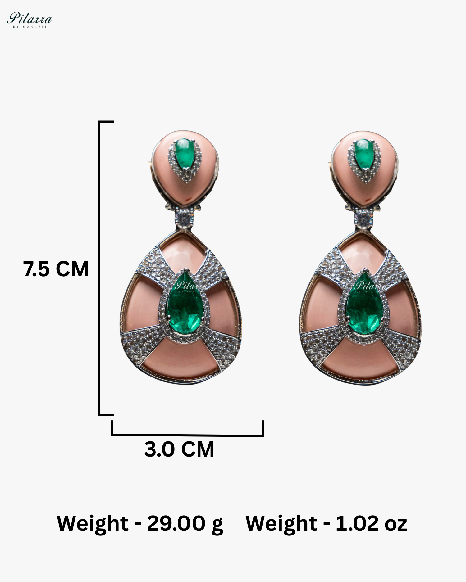 Peach Stone Emerald Drop Silver Line Crystal Dangler Earrings