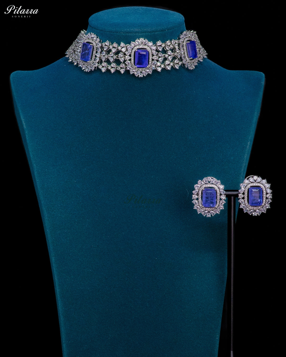 Royal Blue Stone Rectangular Zircon Silver Crystal Choker Necklace Set