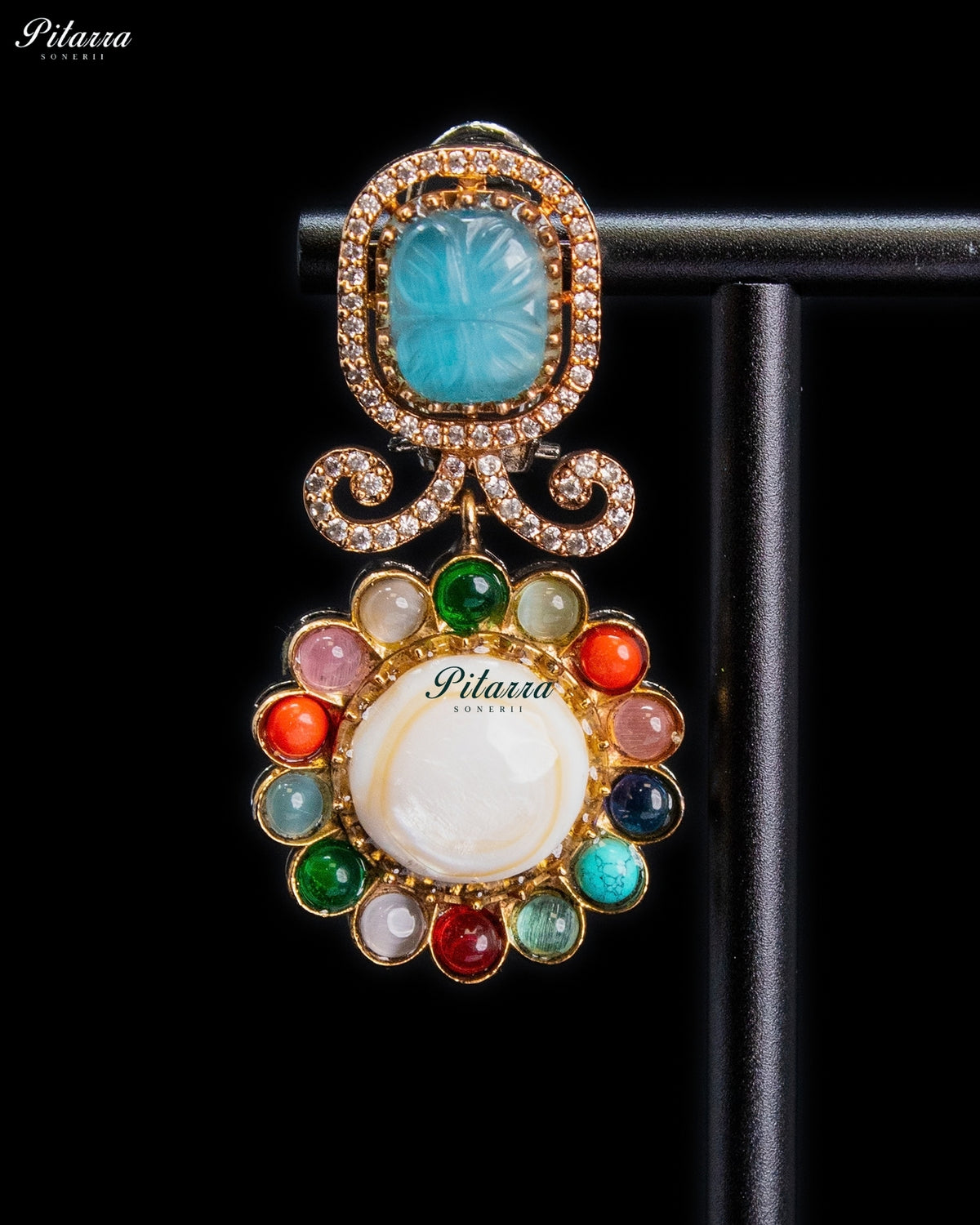Aqua Blue Multicolor Kundan Style Gold Tone Traditional Dangler Earrings