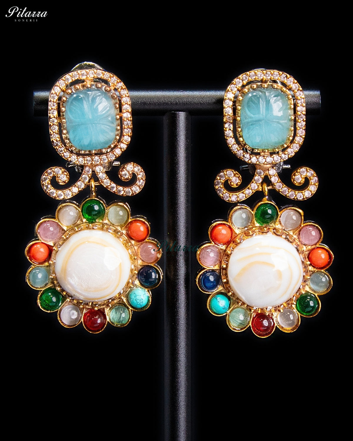 Aqua Blue Multicolor Kundan Style Gold Tone Traditional Dangler Earrings