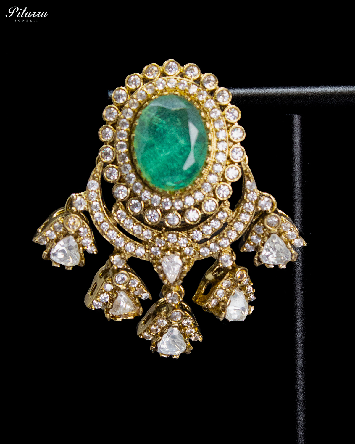 Emerald Green Clear Kundan-Style Chandbali Earrings