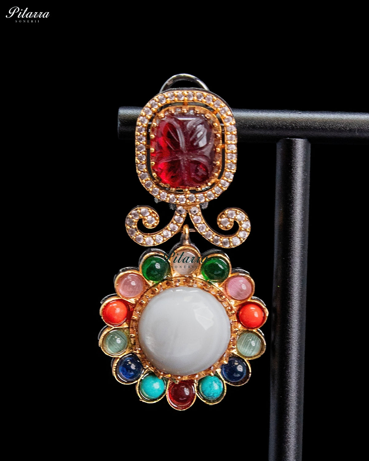 Ruby Red Multicolor Kundan Style Gold Tone Traditional Dangler Earrings