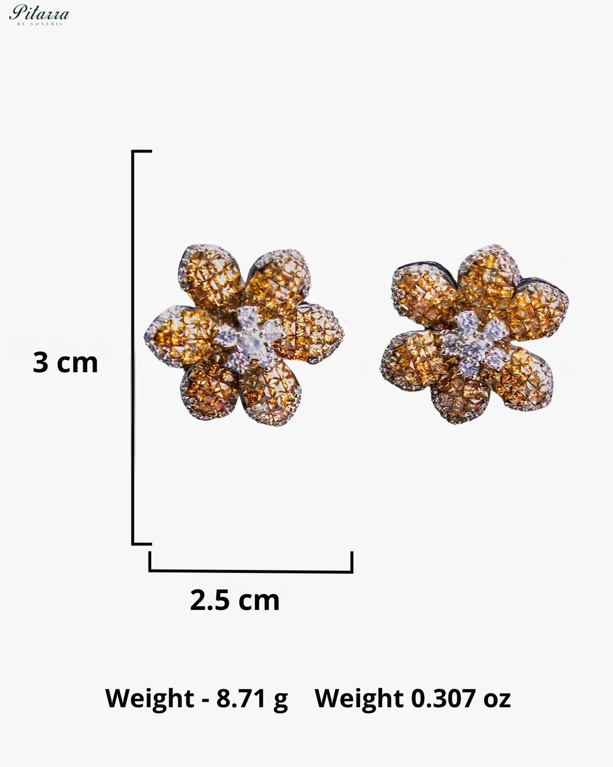 Golden Amber Crystal Flower Stud Earrings