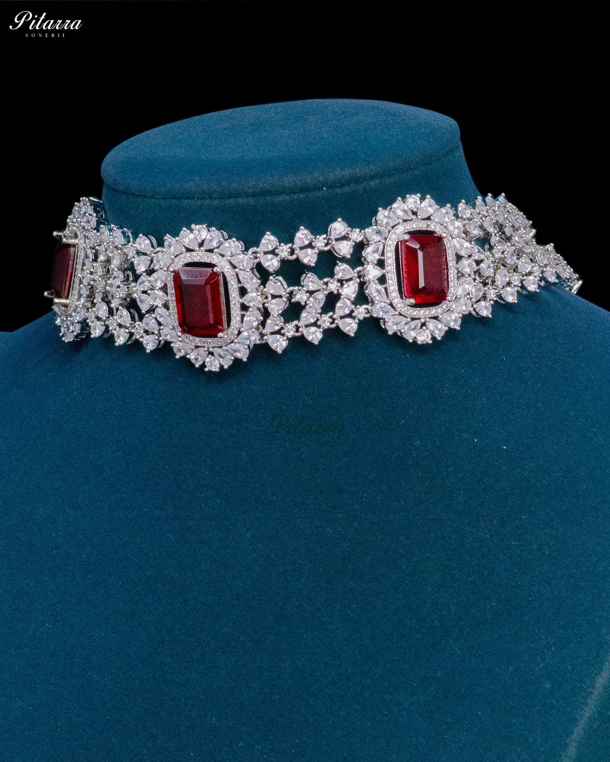 Ruby Red Stone Rectangular Zircon Silver Crystal Choker Necklace Set