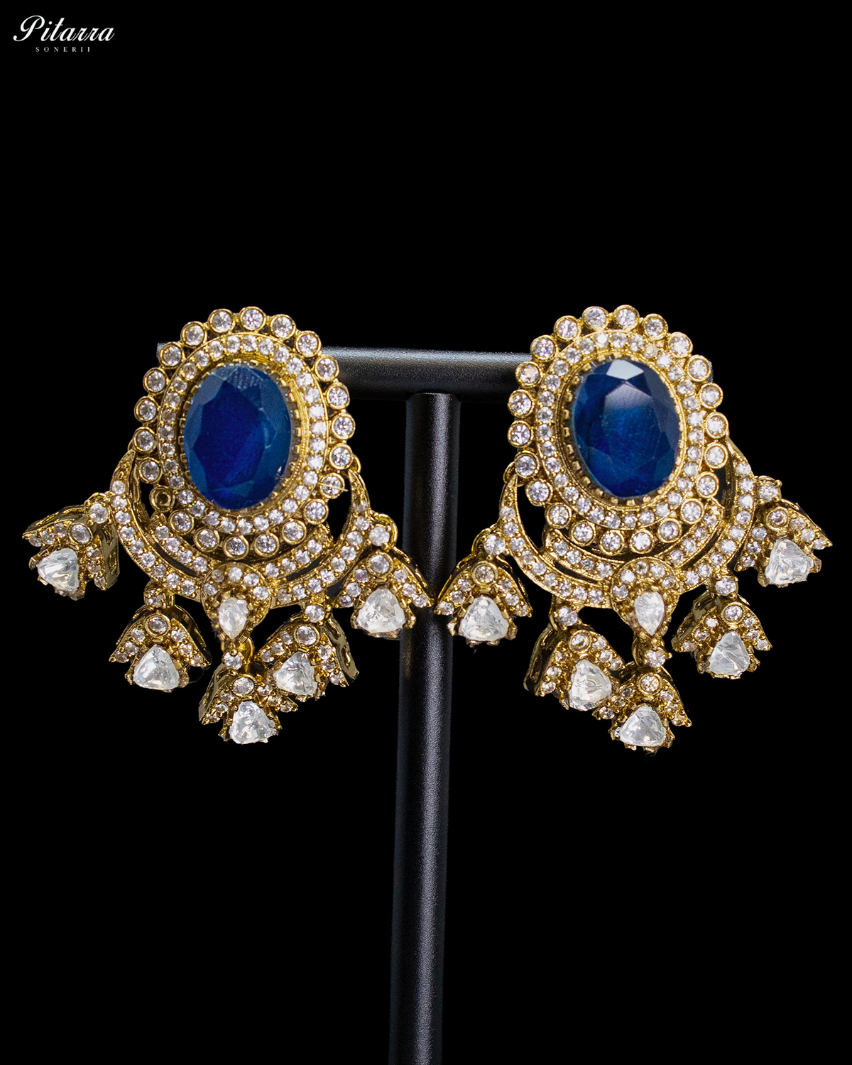 Royal Blue and Clear Kundan-Style Chandbali Statement Earrings