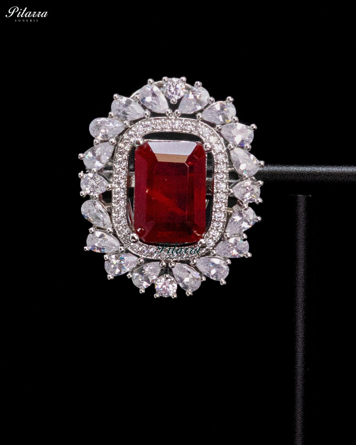 Ruby Red Stone Rectangular Zircon Silver Crystal Choker Necklace Set