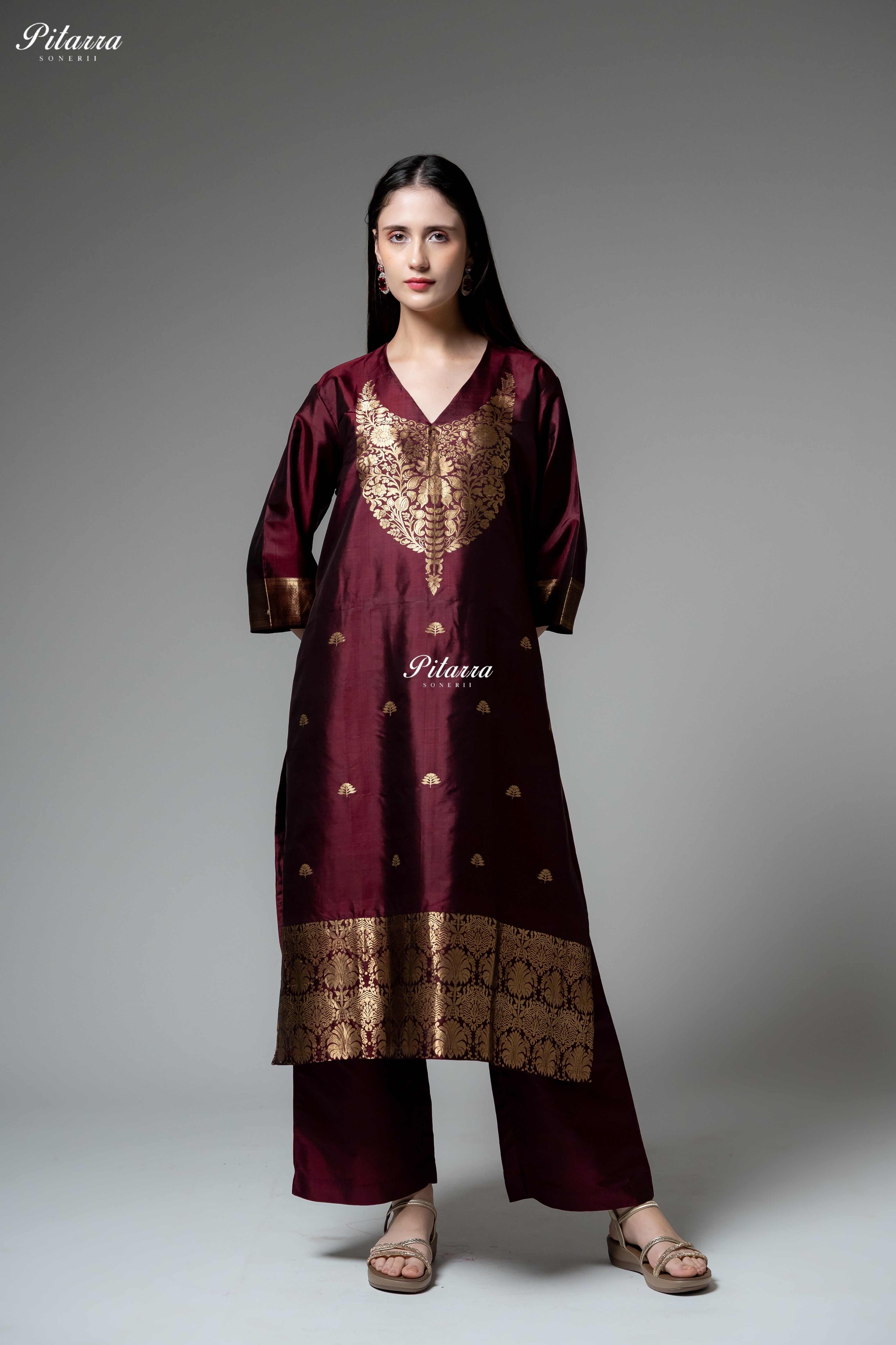 Burgundy Gold Zari Floral Embroidered Kurta Pant Set