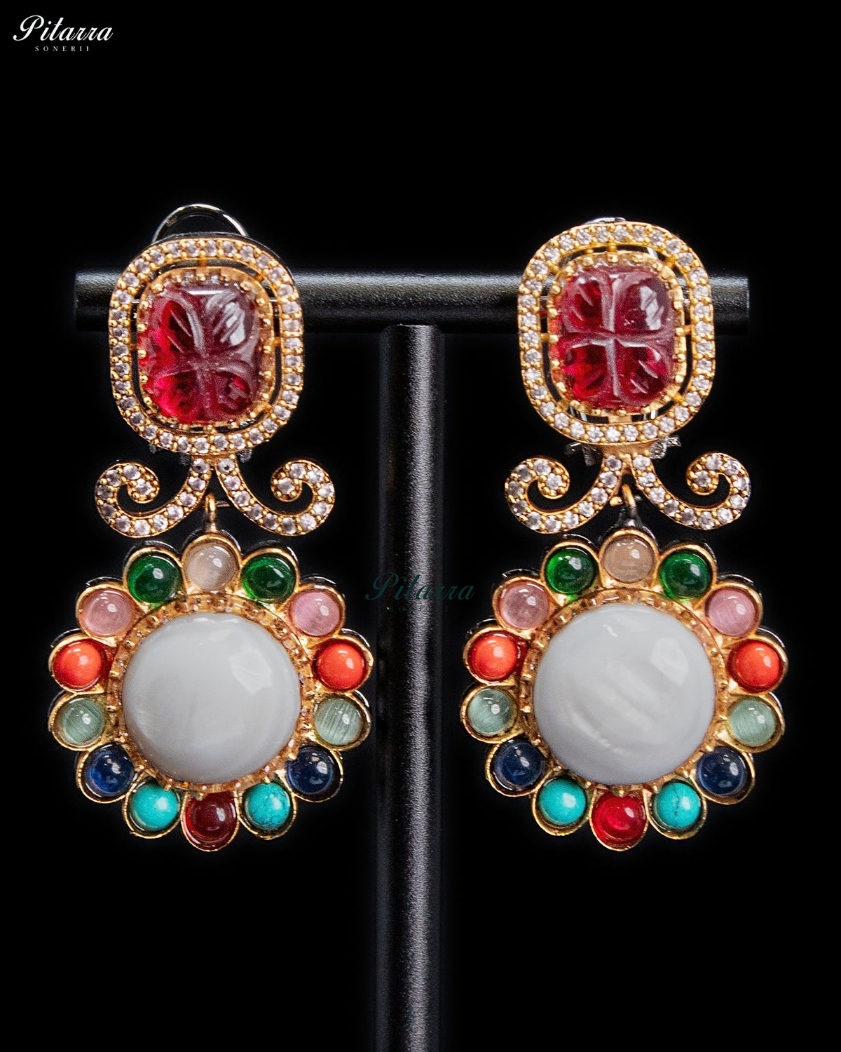 Ruby Red Multicolor Kundan Style Gold Tone Traditional Dangler Earrings
