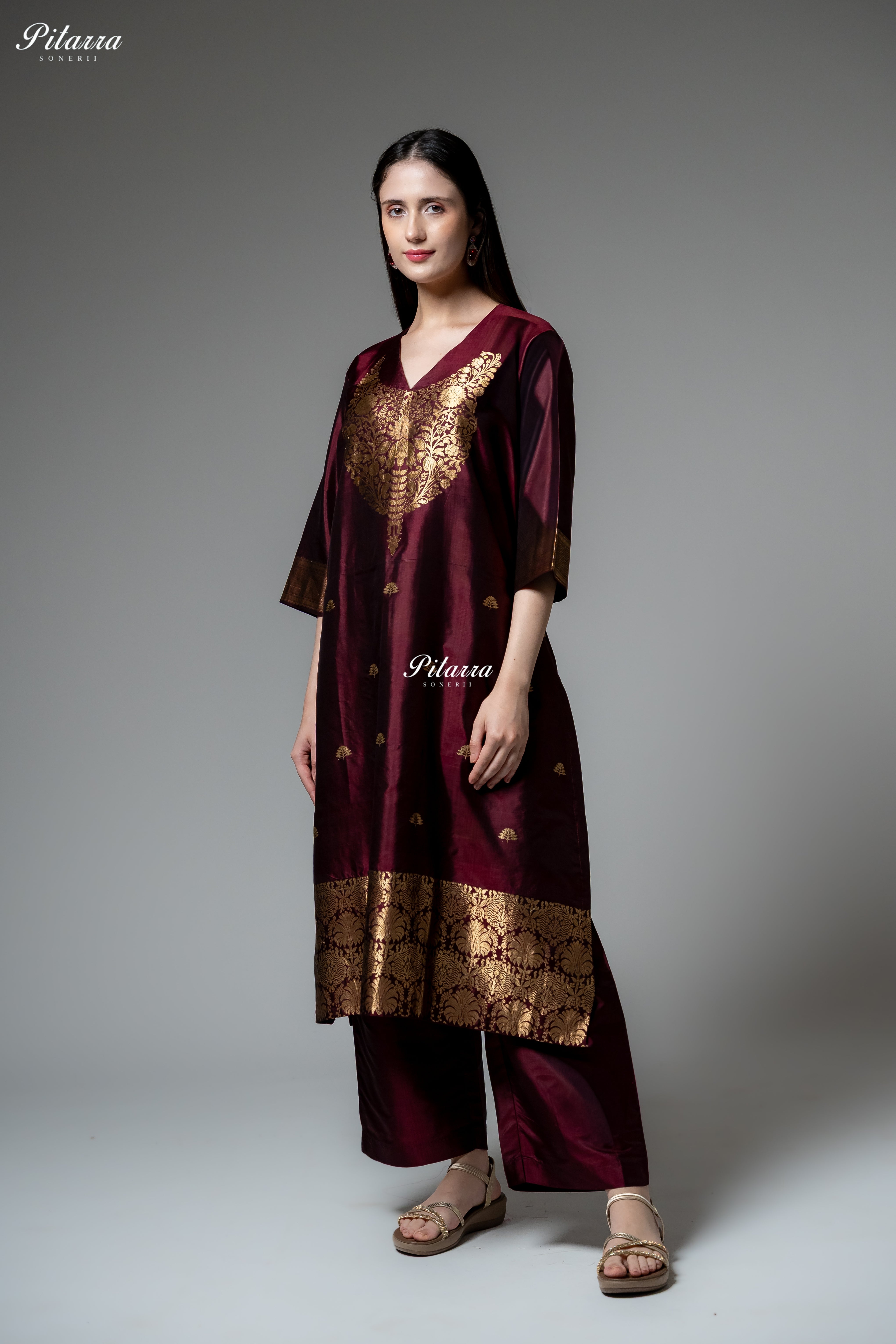 Burgundy Gold Zari Floral Embroidered Kurta Pant Set