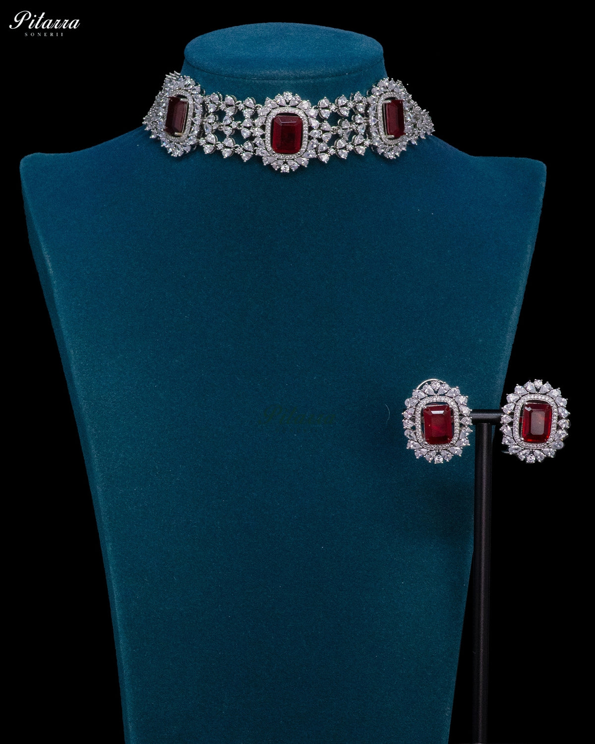 Ruby Red Stone Rectangular Zircon Silver Crystal Choker Necklace Set