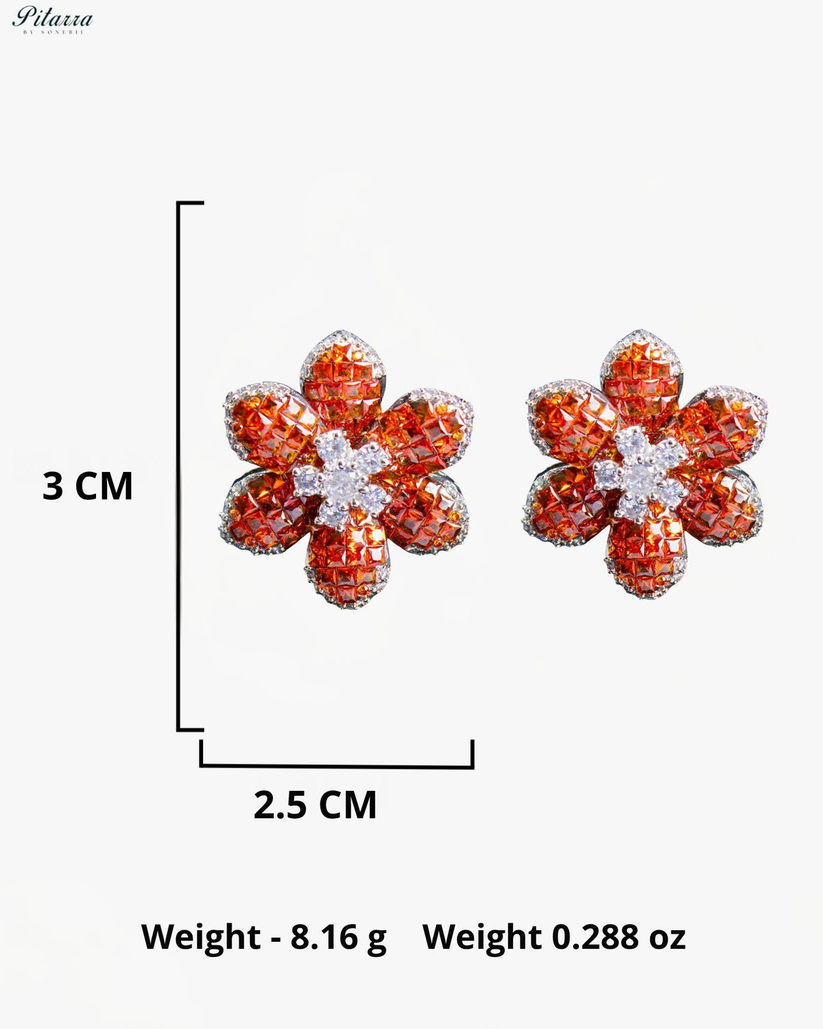 Orange Amber Crystal Flower Stud Earrings